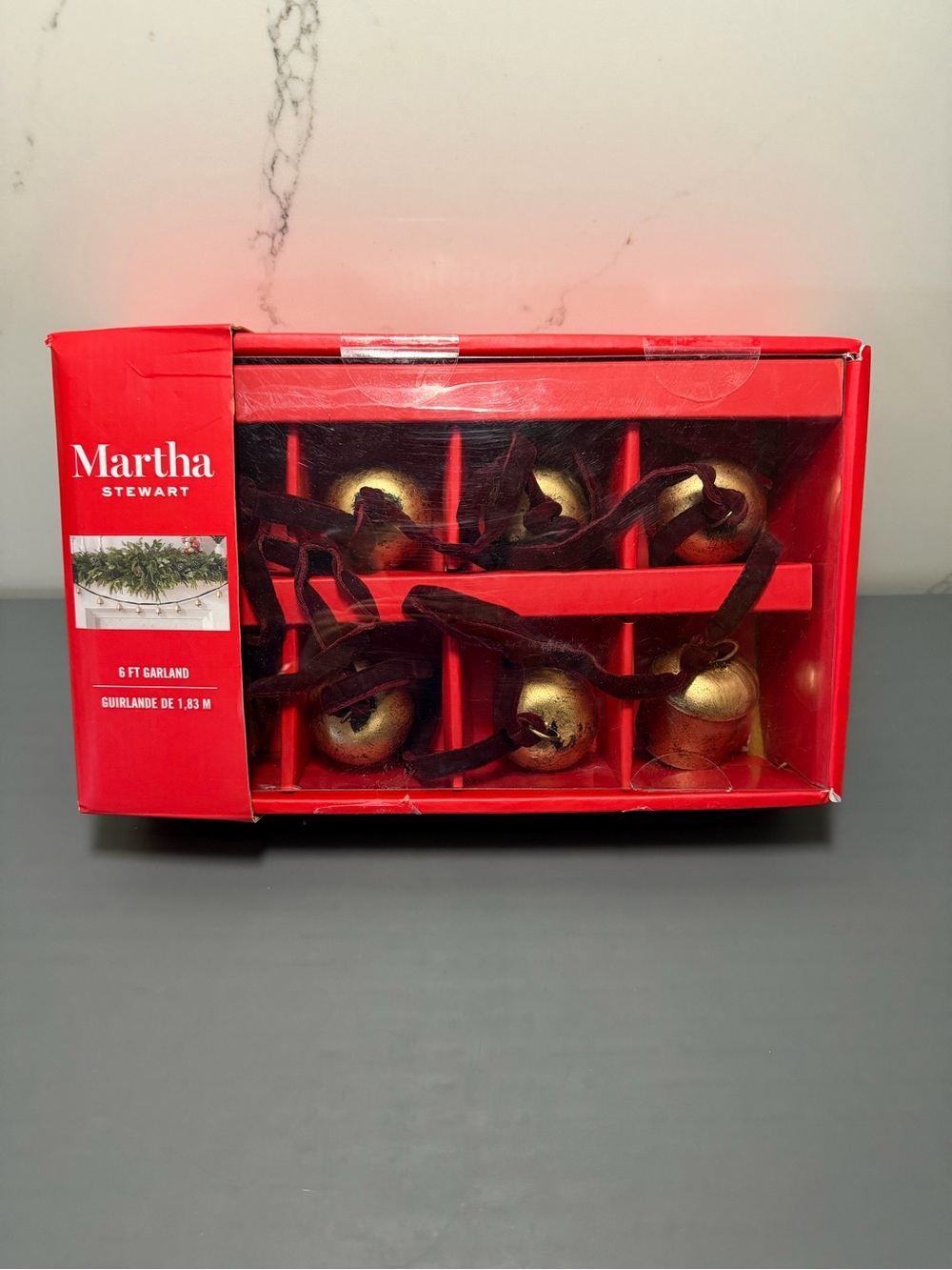 Martha Stewart Red Box with Gold Bell Garland